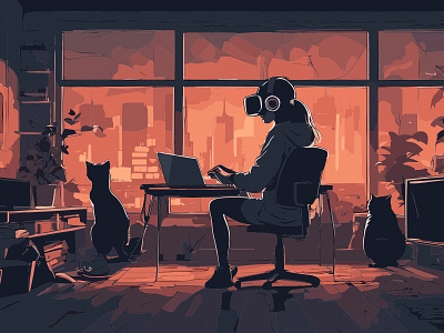 Futuristic Illustration ai art cat cg drawing girl working on laptop illustration vector art working at home