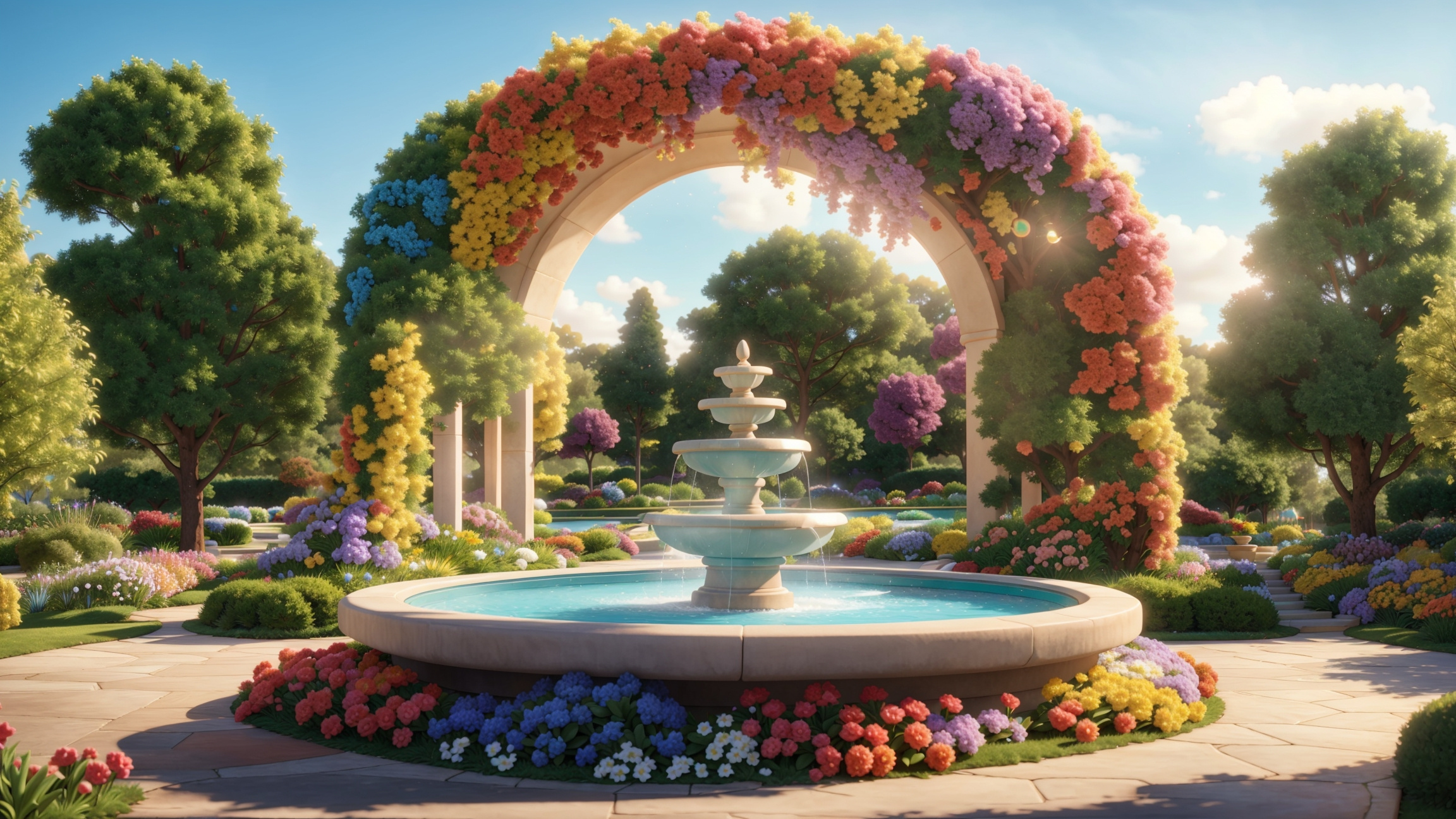 Enchanted Garden - A Magical Rainbow Place 3d 3d art ai art cgi colorful enchanted environment fantasy floral flowers fountain garden illustration magical rainbow spring summer sunlight trees water