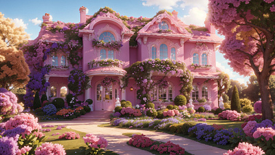 Enchanted Abode: A Magical Haven by the Garden 3d 3d art abode ai art architecture cgi clouds colorful elegant enchanted environment floral flowers haven house illustration magical rainbow sky trees