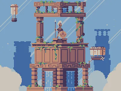 Ancient Guardian 16bit 8bit ancient cloudart clouds cloudscape digitalart environment design environmentart fantasy fantasyart gameart minimalist pixel art pixelart ruins sky skyscape space tower
