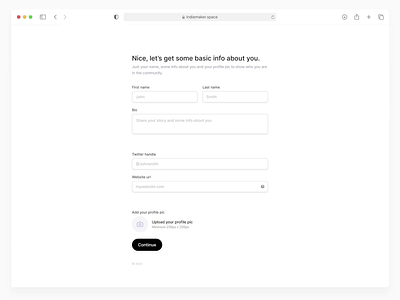 IndieMaker - Onboarding about you animation form onboarding ui web app