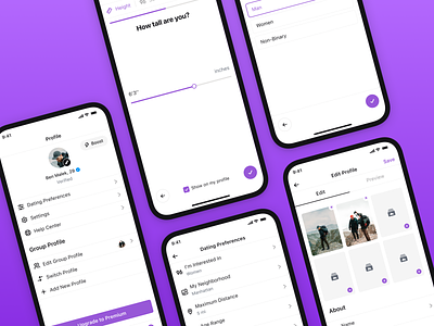Dating App - Profile and Settings app badoo dating edit ios match mobile phone preferences profile purple settings tinder ui ux