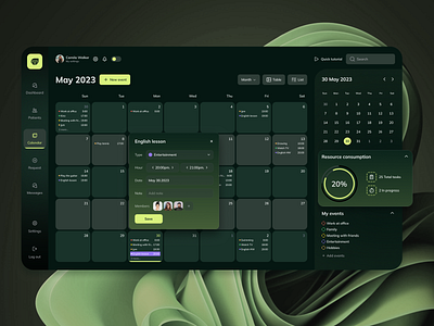 Personal/working calendar dashboard calendar dark theme dashboard design for time management green info desk personal calendar personal desk project time management ui ux work working calendar