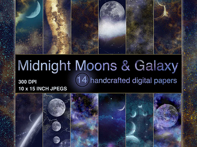 Midnight Moons & Galaxy handmade digital papers celestial handmade midnight moon procreate texture