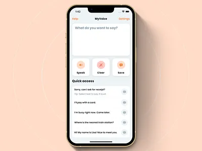 MyVoice - Speech Assistant button with icon header horizontal buttons ios light mode orange speaker component speech tool table text field text to speech translucent navbar voice assistant voice over