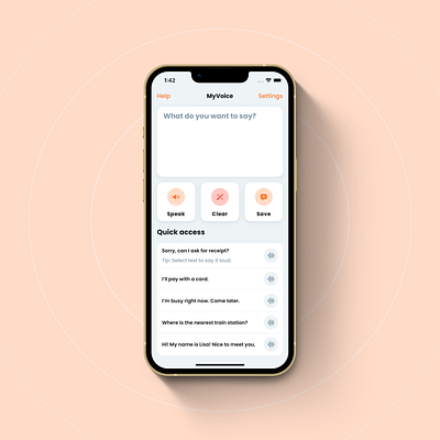 MyVoice - Speech Assistant button with icon header horizontal buttons ios light mode orange speaker component speech tool table text field text to speech translucent navbar voice assistant voice over