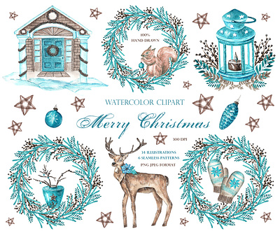 Merry Christmas watercolor illustration set. New Year. christmas pattern christmas time deer flora graphic design greeting card illustration logo merry christmas new year scandinavian seamless pattern textile wrapping paper xmas