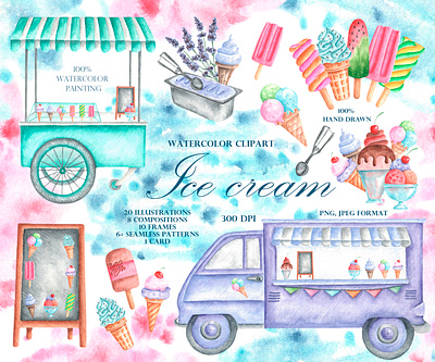 Ice cream watercolor illustration set. digital paper sticker summer sundae