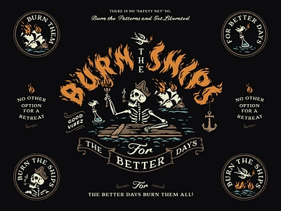 Burn the Ships brand identity branding graphic design illustration logo logo design merchandise retro retro design skeleton skull typographic vintage design