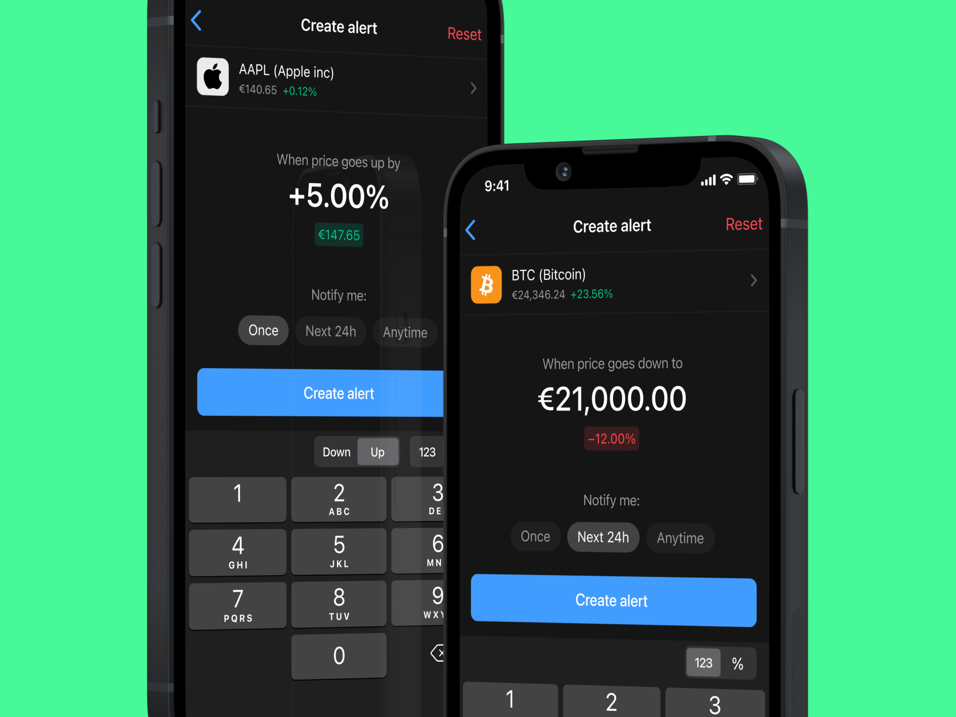 Price alerts. Dark alert asset crypto dark fintech forex gradient guidelines ios keyboard mesh mobile app percentage price alert price change selector switcher symbol timeframe trading