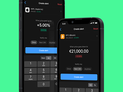 Price alerts. Dark alert asset crypto dark fintech forex gradient guidelines ios keyboard mesh mobile app percentage price alert price change selector switcher symbol timeframe trading