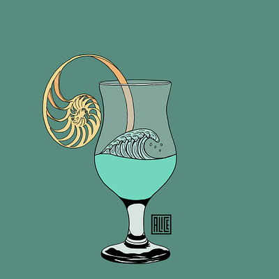 Sea cocktail and a slice of shell cocktail coquillage digital glass illustration procreate sea shell slice summer wave
