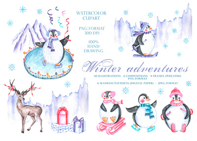 Winter adventures watercolor illustration set. Christmas penguin background skating