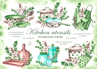 Kitchen utensils watercolor illustration set. cook kitchenware