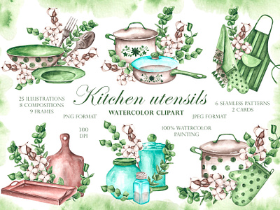 Kitchen utensils watercolor illustration set. cook kitchenware