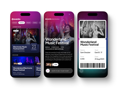 The Evento, Festival Booking App appdesign booking design festivals mobile mobileapp ticket ui uidesign