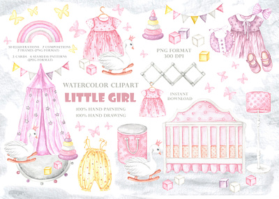 Little girl watercolor illustration set. baby boho child digital paper