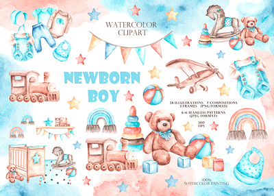 Newborn boy watercolor illustrations set. Child. fabric nursery rompers