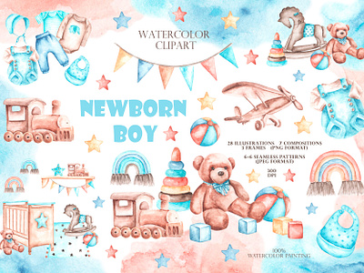 Newborn boy watercolor illustrations set. Child. fabric nursery rompers