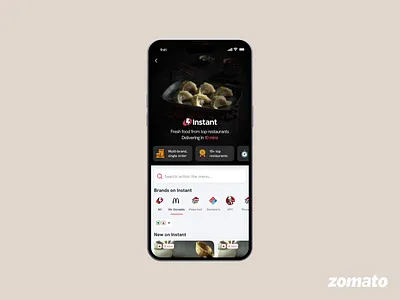 Zomato Instant - Menu page revamp animation brand showcase branding brands filters food food delivery header instant tags ui value proposition