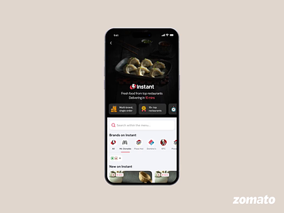 Zomato Instant - Menu page revamp animation brand showcase branding brands filters food food delivery header instant tags ui value proposition