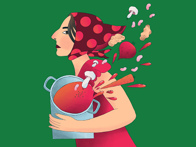 Spooky red soup beens beetroot borscht carrot character characterdesign dress food food illustration green illustration illustrator mushroom pink potato soup woman