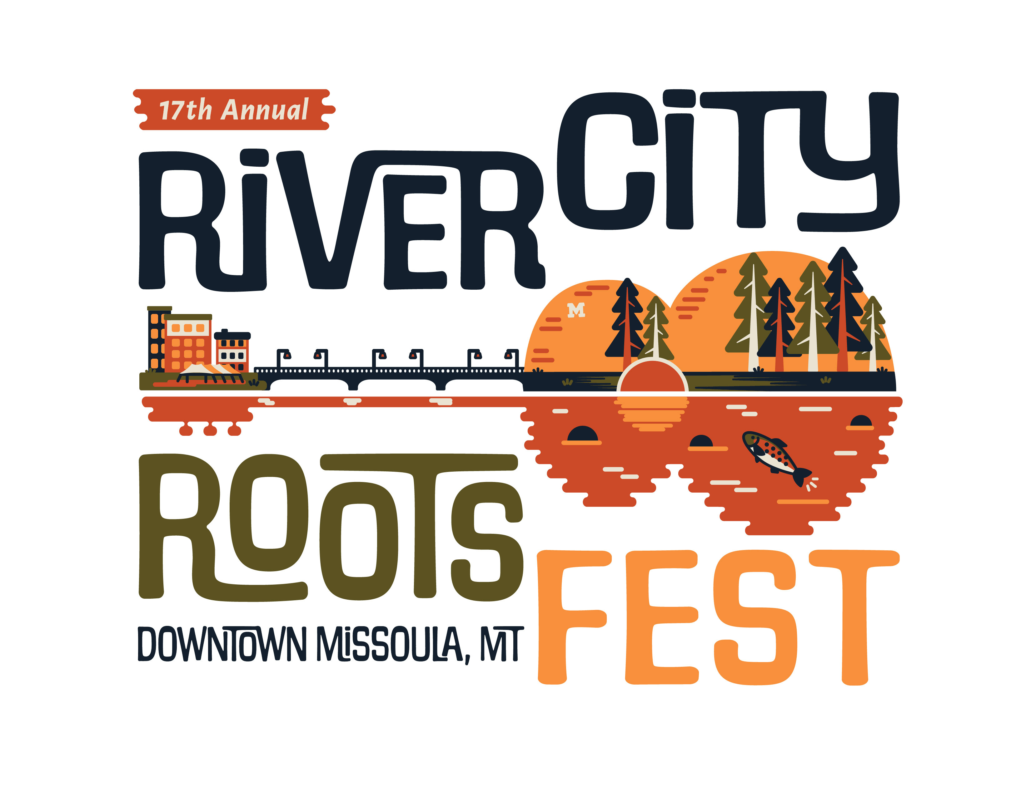 River City Roots Festival Logo and Poster branding city scape design downtown festival graphic design illustration missoula montana outdoors pine trees river trout vector
