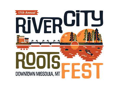 River City Roots Festival Logo and Poster branding city scape design downtown festival graphic design illustration missoula montana outdoors pine trees river trout vector