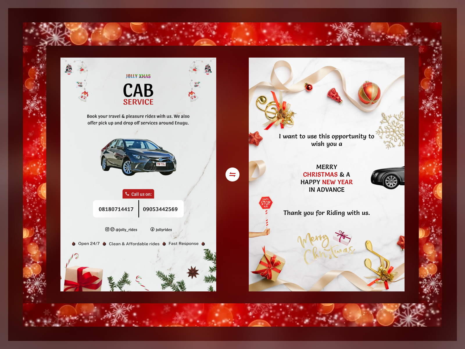 YULETIDE FLIER DESIGN - (Cab service) 3d animation background branding cab car christmas design destination flier graphic design illustration logo motion graphics ride service travel ui user experience user interface