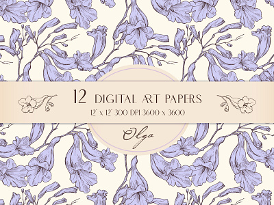 Jacaranda flowers digital paper. Floral pattern blooming botanical botanical background design digital paper drawing element floral pattern graphics hand drawn illustration jacaranda flower pattern plant purple flowers scrapbooking paper sketch toile art vector vintage