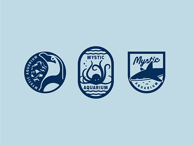 Mystic Aquarium Badges aquarium badge design illustration mystic octopus penguin shark vector