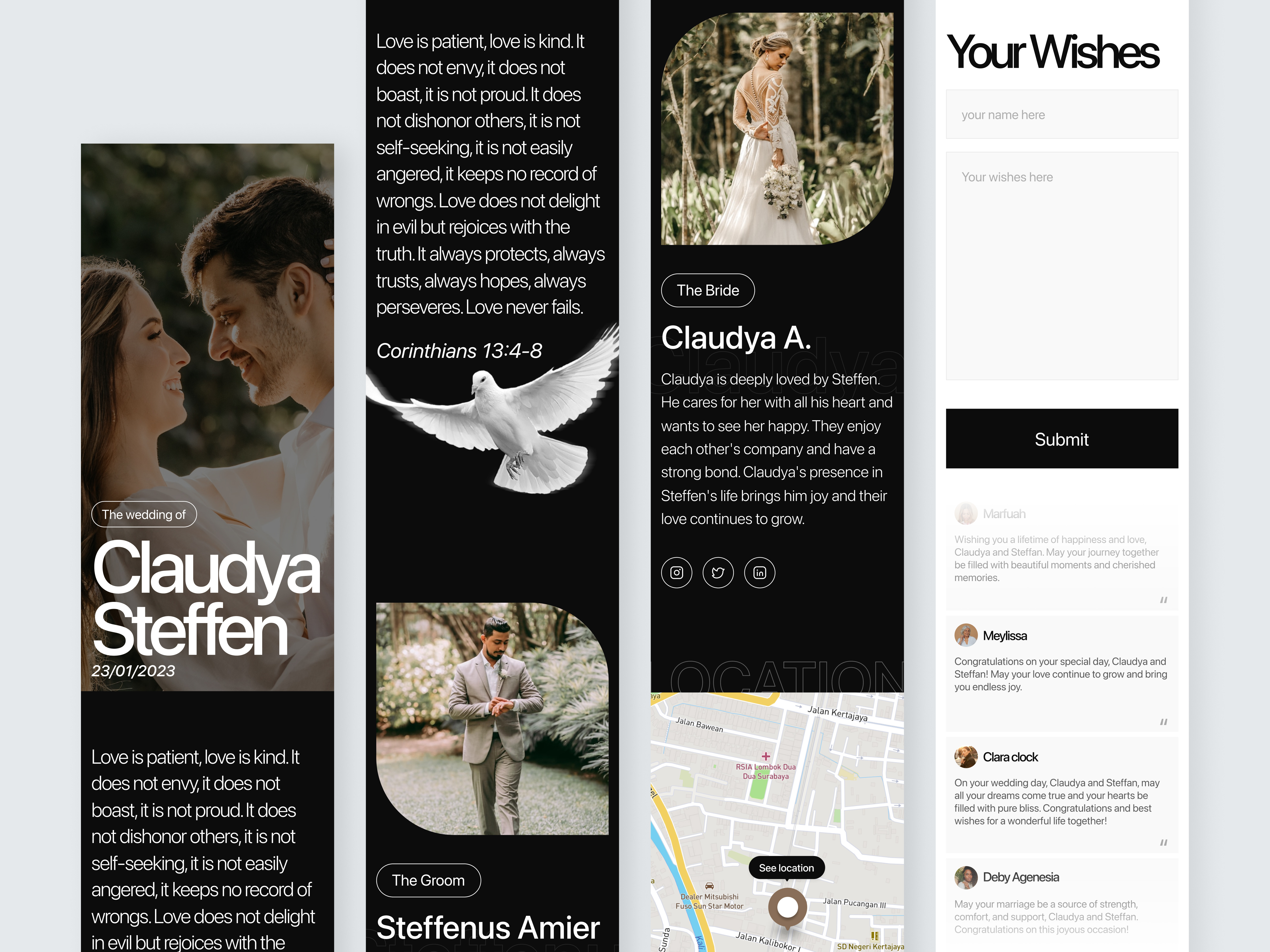 Responsive Wedding Website bible clean dark dark mode design invitation landing love minimal minimalism mobile responsive page responsive simple ui web web design website wedding wish