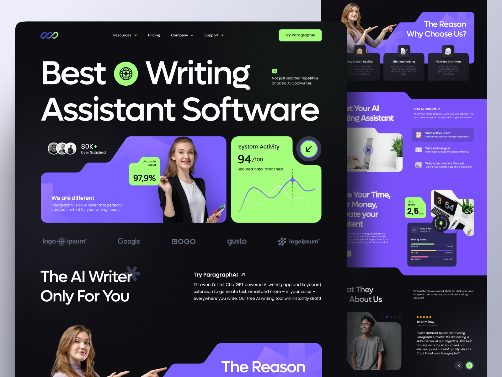 ParagraphAI Landing Page ai ai content writer ai writer artificial intelligence content writer dark mode design header homepage landing page machine learning paragraphai ui ui design uiux ux web design website writers writing