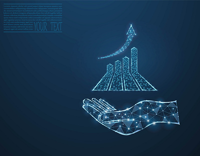 Growth chart on a hand, vector image composed of grid and dots. text