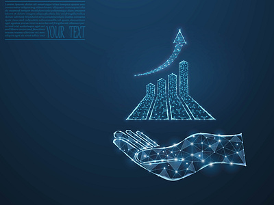 Growth chart on a hand, vector image composed of grid and dots. text