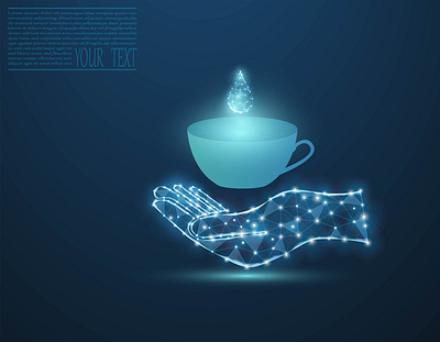 Vector illustration of a cup with water on a hand in neon light. symbol