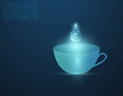 Vector illustration of a cup with water in neon light. Transpare symbol