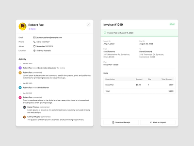 Slideouts activity app billing dashboard design system invoice profile saas slidetray ui user ux