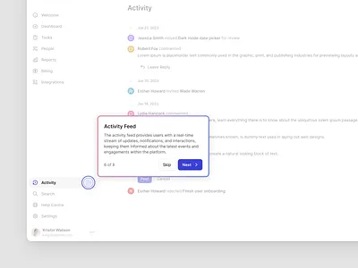 Coachmarks activity app coachmark dashboard design system feed saas ui ux