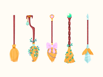 Witch brooms 2d accessory art broom broomstick cartoon equipment fantasy flying game halloween illustration magic stick tool vector weapon witch witchcraft