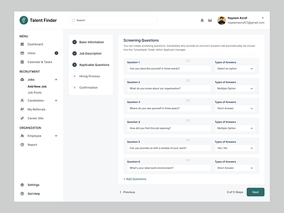 Applicable Questions (Recruiter) - Talent Finder add new job applicable questions application apply job details halal halal design hiring hiring platform hr job finder job platform job portal job post questionnaire questions recruitment recruting saas step