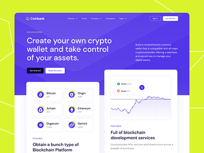 Coinbank - ‘Crypto’ For Developer Page UI Design Kit bank bitcoin blockchain business card coin crypto currency developer digital feature finance hero invesment money payment trading wallet web3 website