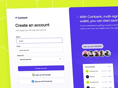 Coinbank - Create an Account UI Design Kit bank bitcoin blockchain business coin create account crypto currency digital finance form invesment money onboarding payment sign up trading wallet web3 website