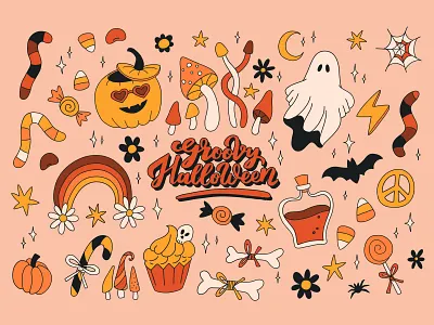 Groovy Halloween cartoon character concept contour design groovy halloween illustration retro spooky vector vintage