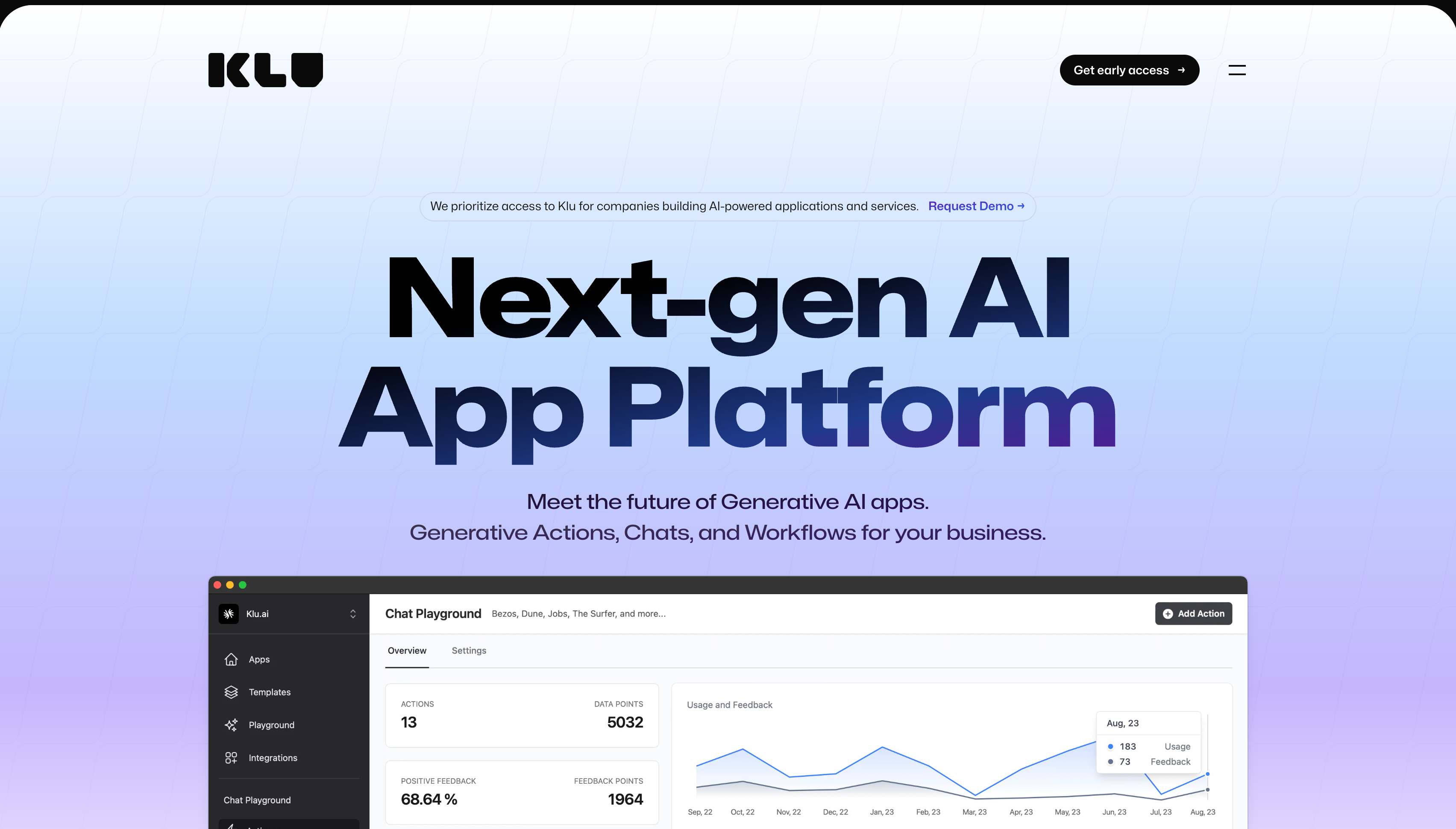 Klu.ai Intro Site ai ai app platform gpt 4 klu klu.ai landing page llm platform nextjs platform saas tailwind