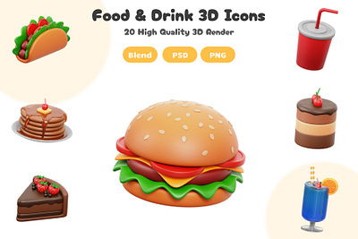 Food & Drinks 3D Icon Set 3d 3d artwork 3d icon app blender blender 3d cartoon design food icon illustration logo lowpoly ui ux
