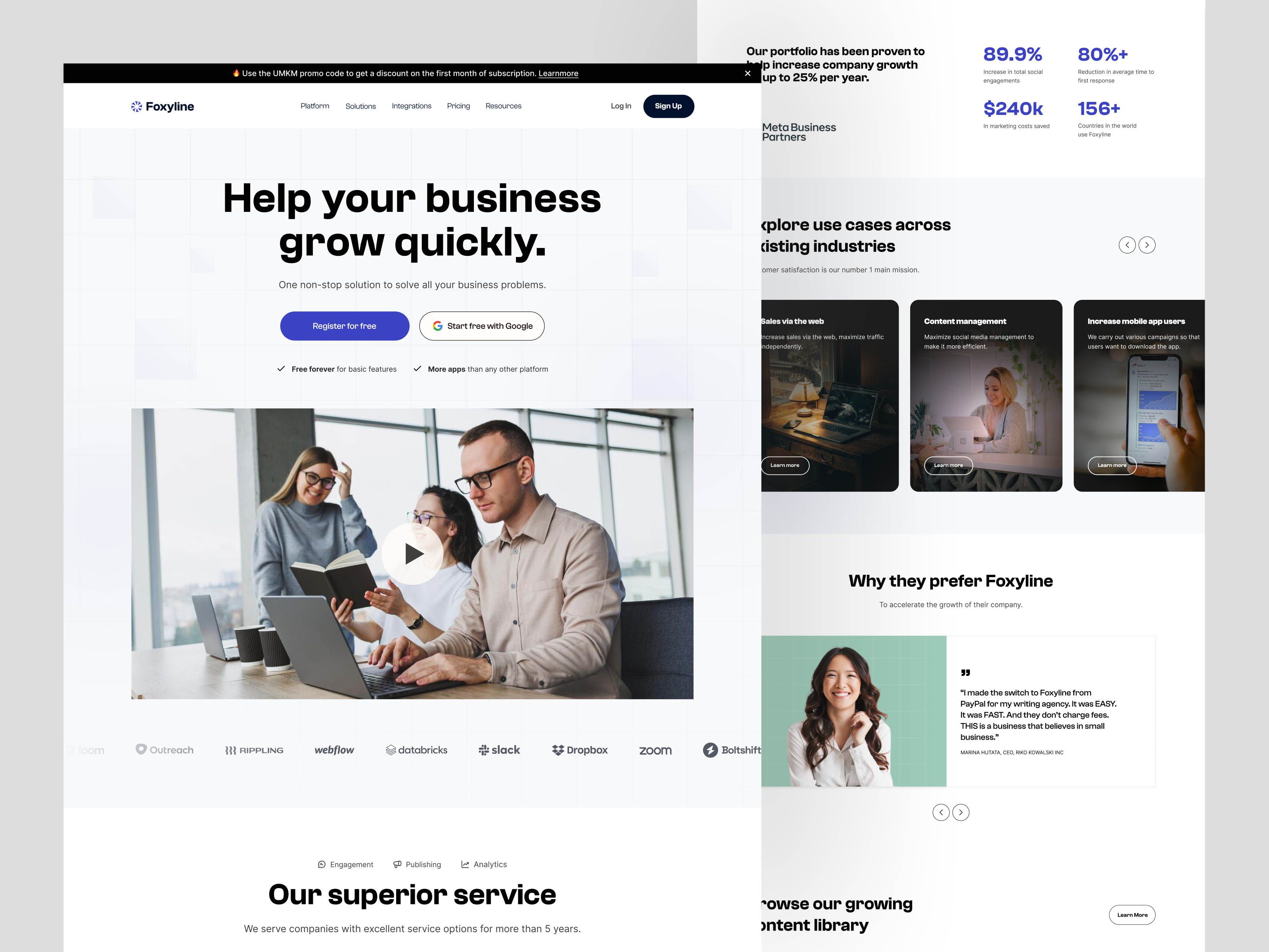 Foxyline - Landing Page all in one artificial intelligence business business growth case study clean company website data design dipa inhouse growth marketing marketing website minimal design minimalist responsive design service provider ui web design website