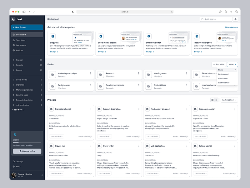 Lexi - AI Writer Assistant Web App Saas Platform ai ai assistant ai writer app design artificial intelligence chatgpt component copyai desktop folder illustration product design saas software uidesign uiux uxdesign webapp website app writer