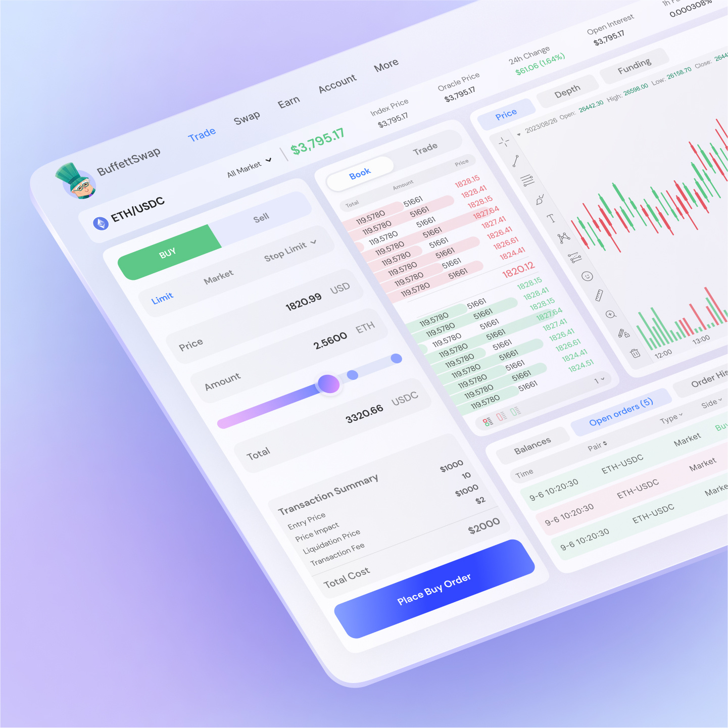 Buffettswap Decentralized Exchange blockchain crypto cryptocurrency decentralized defi dex dydx exchange leverage margin orderbook perpetual product design swap trade trading ui wallet web design web3
