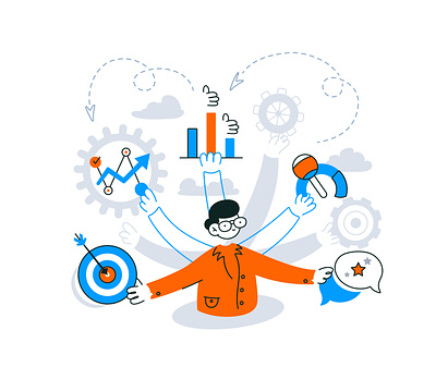 perfomance management business business illustration businessman character design consulting design flat hands icon design icons illustration management manager multitasking nerd octopus perdomance person vector versatility
